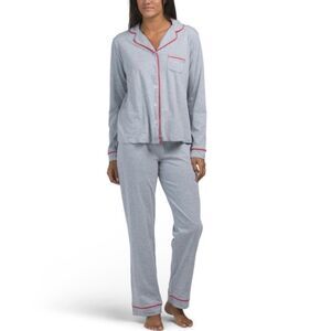 POPPY & CLAY Grey Red Notch Collar Long Sleeve Pants Organic Cotton PJ Set